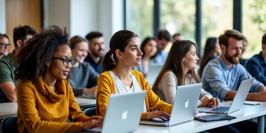 Pessoas estudando em uma sala de aula moderna.