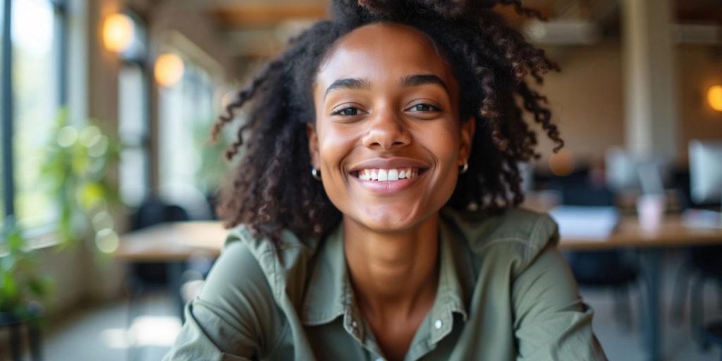 Jovem aprendiz sorrindo em ambiente profissional.