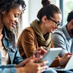 Pessoas diversas estudando online com laptops e tablets.