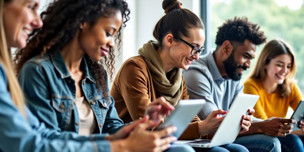 Pessoas diversas estudando online com laptops e tablets.