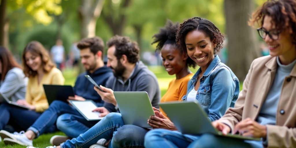 Pessoas diversas usando laptops e tablets