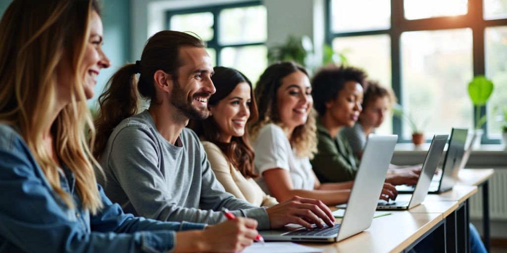 Pessoas estudando online em uma sala moderna