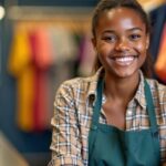 Jovem aprendiz sorrindo em ambiente de trabalho.