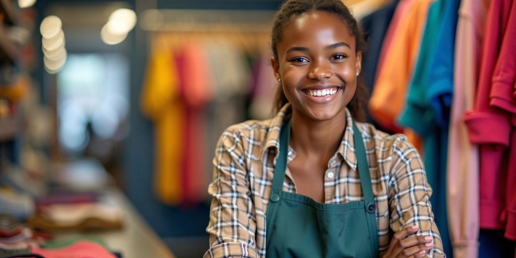 Jovem aprendiz sorrindo em ambiente de trabalho.