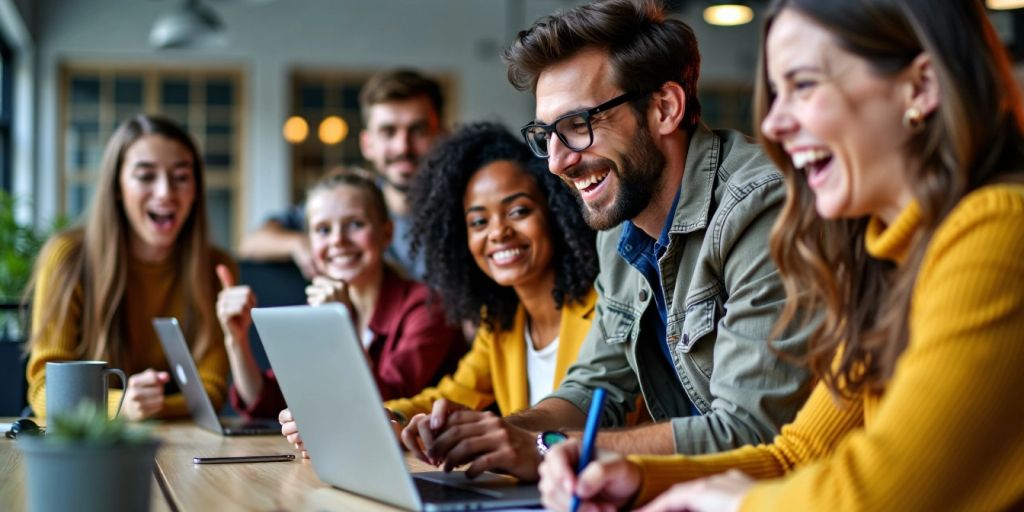 Grupo diverso de jovens em ambiente de trabalho colaborativo.