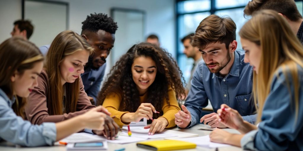 Estudantes diversos em atividades práticas na sala de aula.