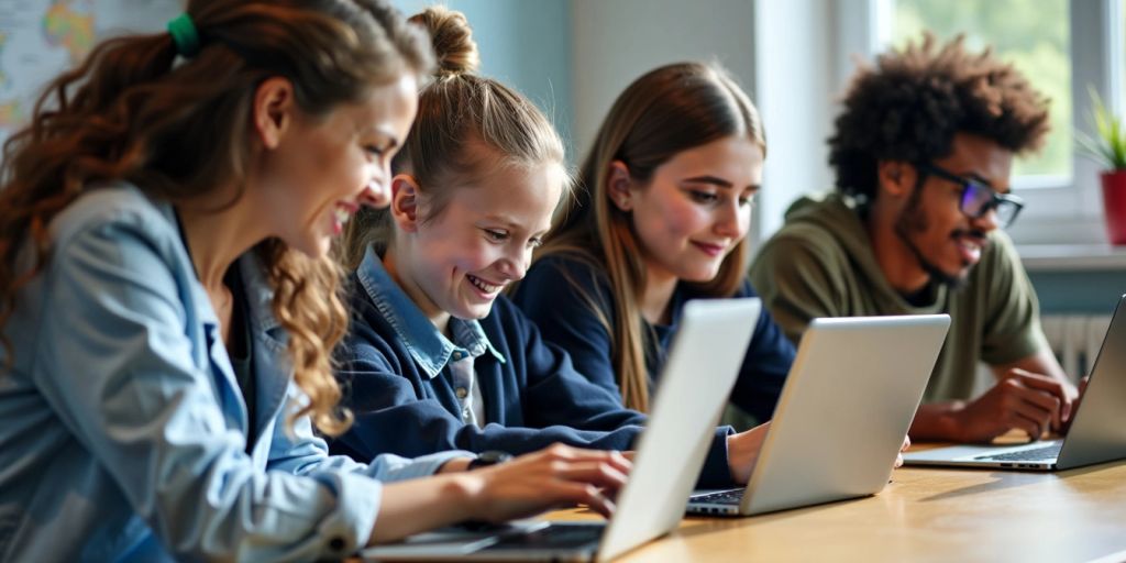 Estudantes usando laptops e tablets