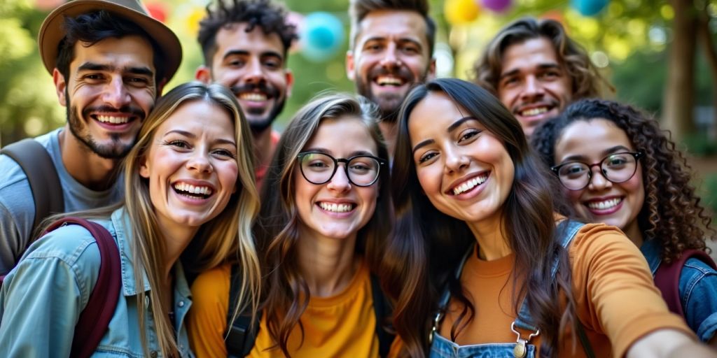 Grupo diverso de jovens sorrindo e celebrando ao ar livre.