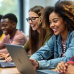 Jovens aprendendo habilidades digitais em sala de aula.