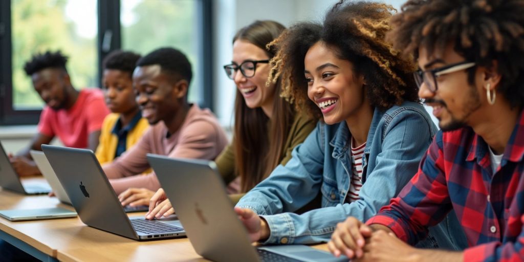 Jovens aprendendo habilidades digitais em sala de aula.