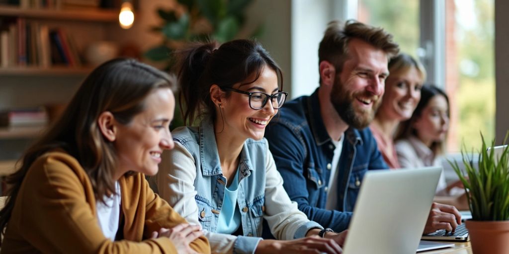 Pessoas diversas aprendendo online em laptops