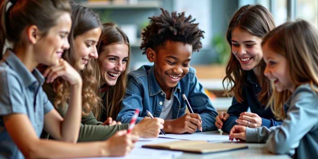 Grupo diverso de jovens aprendizes em ambiente colaborativo.